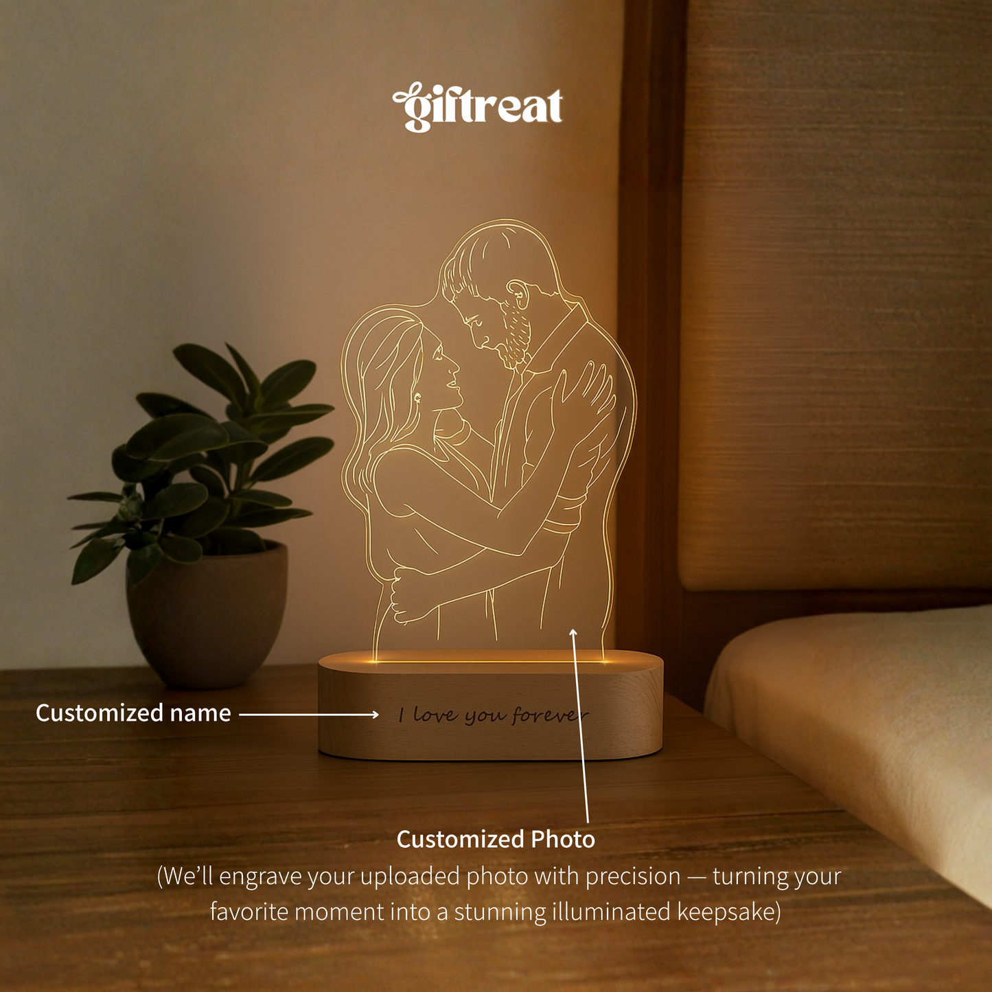 Custom 3D Photo Lamp with Engraved Text - Personalized LED Night Light for Anniversary, Birthday & Holidays